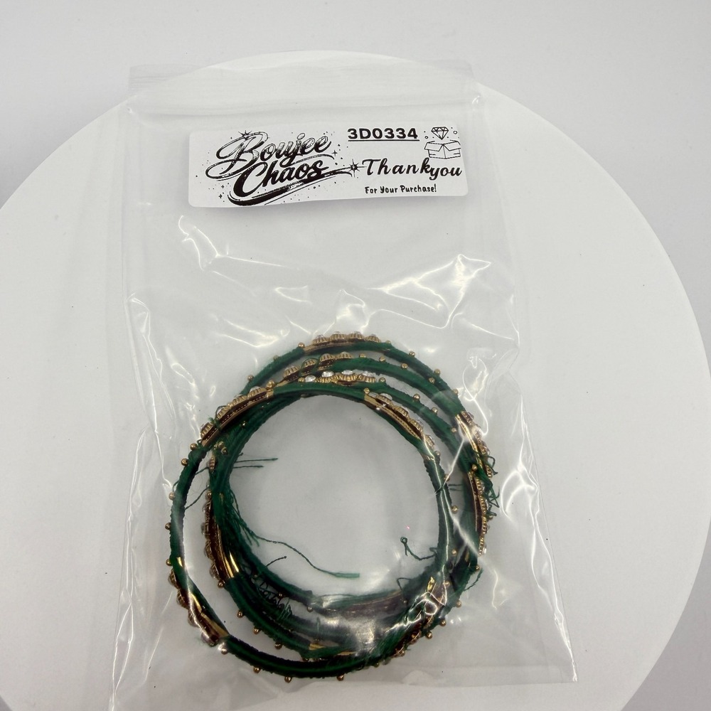 Y2K Emerald Green Rhinestone & Gold-Tone Thread-Wrapped Bangle Set - Picture 11 of 11